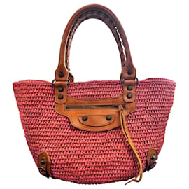 Borsa a mano Balenciaga in rafia rosa e pelle marrone