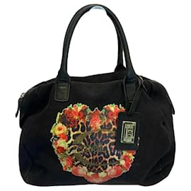 Just Cavalli Stoff-Shopper in Schwarz mit Blumenherz und Leopardenmuster