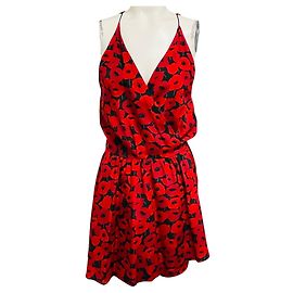 Mini abito a portafoglio in seta stampata Saint Laurent Rosso / Nero