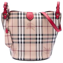 Bolso bucket Lorne de lona revestida Burberry beige con motivo Haymarket Check