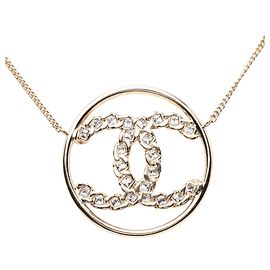 Chanel Gold CC Gold Plated Strass Round Pendant Necklace