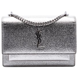 Saint Laurent Mini Metallic Kalbsleder Monogram Sunset Wallet on Chain Silber