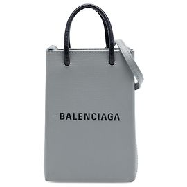 Balenciaga Gray Mini Calfskin Logo Shopping Phone Holder