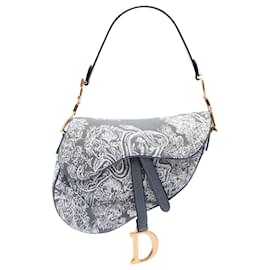Borsa Saddle Dior in tela grigia ricamata con motivo Toile De Jouy invertito