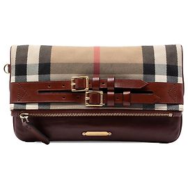 Clutch Adeline Fold Over in tela House Check beige e pelle Burberry