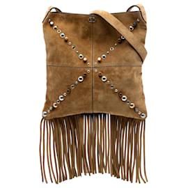 Borsa a tracolla Valentino Nellcote con frange e borchie in scamosciato marrone