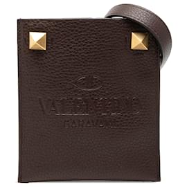 Valentino Sacoche Rockstud Identity en cuir grainé de veau marron