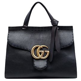 Gucci Black Small GG Marmont Grained Calfskin Top Handle Satchel