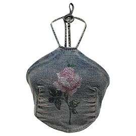 Alessandra Rich Alessanra Rich Crystal-Embellished Halter Crop Top in Denim Blue Cotton