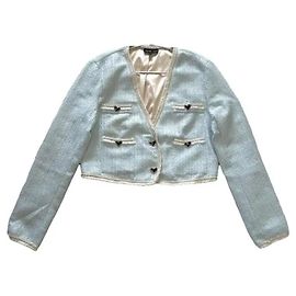 Autre Marque Sister Jane Jaqueta curta de tweed azul claro com botões de coração