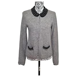 Maje Angorawolle Cardigan Weste Grau Peter Pan Kragen T38
