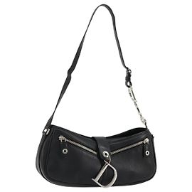 Bolsa de ombro Christian Dior em couro preto com detalhes prateados Auth yk20491SM