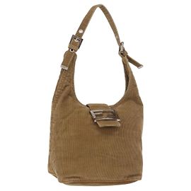 Borsa a tracolla FENDI Mamma Baguette in velluto a coste marrone argento Auth 183834