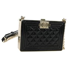 CHANEL Matelasse Boy Chanel Chain Wallet Bag Patent Black Gold CC Auth 181876SAM