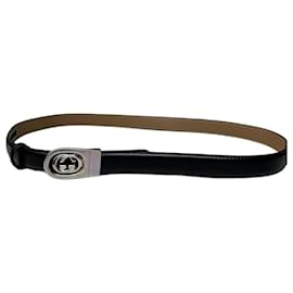 Vintage Gucci Ledergürtel mit Interlocking GG Schwarz Beige Silber