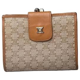 Céline Cartera Vintage Celine de Lona Beige Marrón Oro