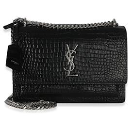 Borsa Medium Monogram Sunset in pelle di vitello nera con effetto coccodrillo Saint Laurent