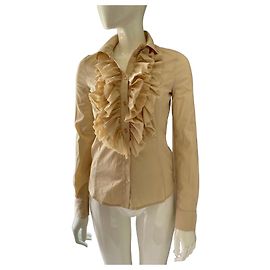 Camicia Elisabetta Franchi beige in cotone con volant e catena dorata