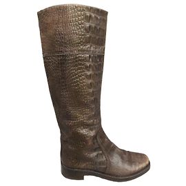 Sergio Rossi Brown Croc-Embossed Leather High Boots