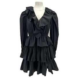 Ulla Johnson Schwarzes Baumwollkleid mit Fransen und langen Ärmeln