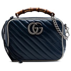 Borsa Gucci Blue Small GG Marmont Matelasse Diagonal Leather Torchon Bamboo