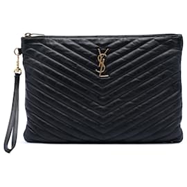 Pochette A4 con zip monogramma in pelle di vitello chevron nera Saint Laurent