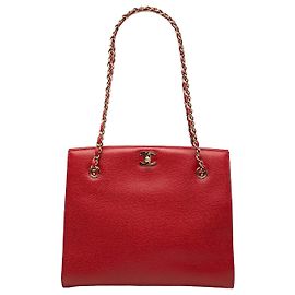 Tote Chanel Red CC Caviar Turn Lock Chain
