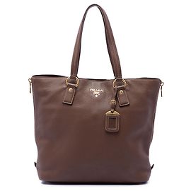 Prada Borsa Tote Shopper in Vitello Daino marrone con zip laterale