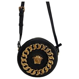 Versace runde Crossbody-Tasche aus schwarzem Leder mit Medusa-Kette