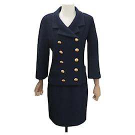 NEW CHANEL JACKET SKIRT SUIT DOUBLE BREASTED CC LOGO S 36 TWEED BLUE