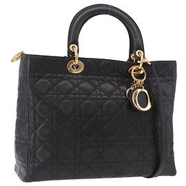 Borsa Christian Dior Lady Dior Canage in pelle di agnello 2way Nero Oro Auth 183708V