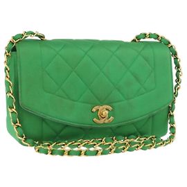 CHANEL Diana 23 Matelasse Chain Shoulder Bag Satin Green Gold CC Auth 181942SM