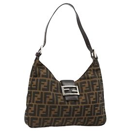 FENDI Zucca Canvas Mamma Baguette Shoulder Bag Black Brown Auth 182592M
