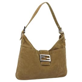 Borsa a tracolla FENDI Mamma Baguette in velluto a coste marrone argento Auth 184550V