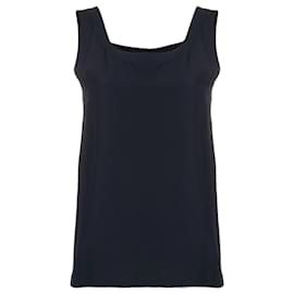 Top sin mangas de seda azul Chanel de los 90 con pespuntes y botón en la espalda