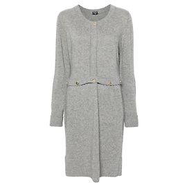 Chanel Midi-Kleid aus grau meliertem Kaschmir im 90er-Jahre-Stil mit Goldknopf-Details