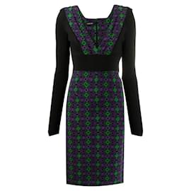 Versace Y2K Midi-Kleid aus Viskose in Schwarz & Lila mit geometrischem Muster und V-Ausschnitt