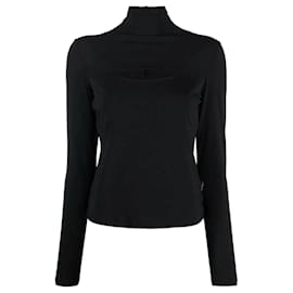 Versace Y2K schwarzer Stretch-Rollkragenpullover mit Cut-Out am Brust
