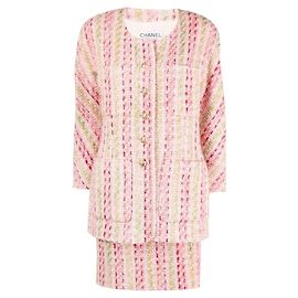 Chanel 80s Pink Worked Wool Suit: Round-Neck Jacket & Silk Sheath Dress