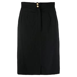 Chanel 90er Jahre Rock aus schwarzer Seide und Baumwolle mit hoher Taille und goldenen Logo-Knöpfen
