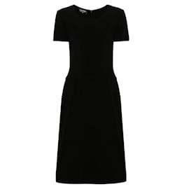 Chanel 90s Black Wool & Silk Short-Sleeve Midi Dress with Gold Logo Buttons