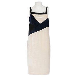 Jil Sander Samtkleid in Elfenbein & Blau aus den 2010er Jahren mit quadratischem Ausschnitt
