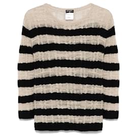 Chanel gestrickter Open-Knit-Pullover aus Kaschmirmischung mit schwarz-elfenbeinfarbenen Streifen aus den 2010er Jahren