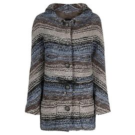 Chanel 2010s Grey & Blue Wool Coat with Jewel Buttons & Drawstring Waist