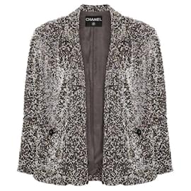 Chanel 1999 Offene Jacke, vollständig perlenbestickt, Grau & Gold mit Seidenfutter
