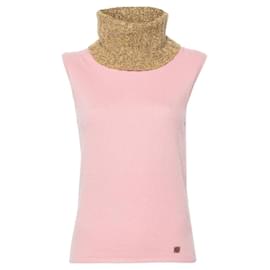 Chanel 2001 Rosa Kaschmir-Strickoberteil mit mehrfarbigem Kontrast-Rollkragen