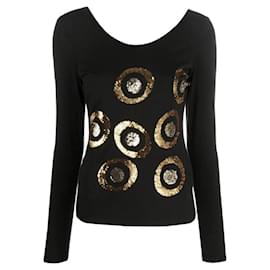 Maglione Versace Y2K in cotone elasticizzato nero con decorazioni in paillettes dorate (S)