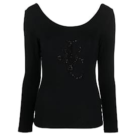 Versace Y2K schwarzer Viskose-Pullover mit besticktem Kristall-Logo