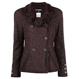 Giacca Chanel 2008 Bordeaux Lurex doppiopetto con spille Camelia