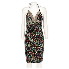 Moschino Y2K Schwarzes Neckholder-Trägerloses Midi-Kleid mit mehrfarbigem kreisförmigem Print